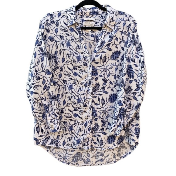 Rachel Zoe 100% Linen Floral Mother of Pearl Roll Tab Long Sleeve Button Up Sz M - Picture 1 of 12